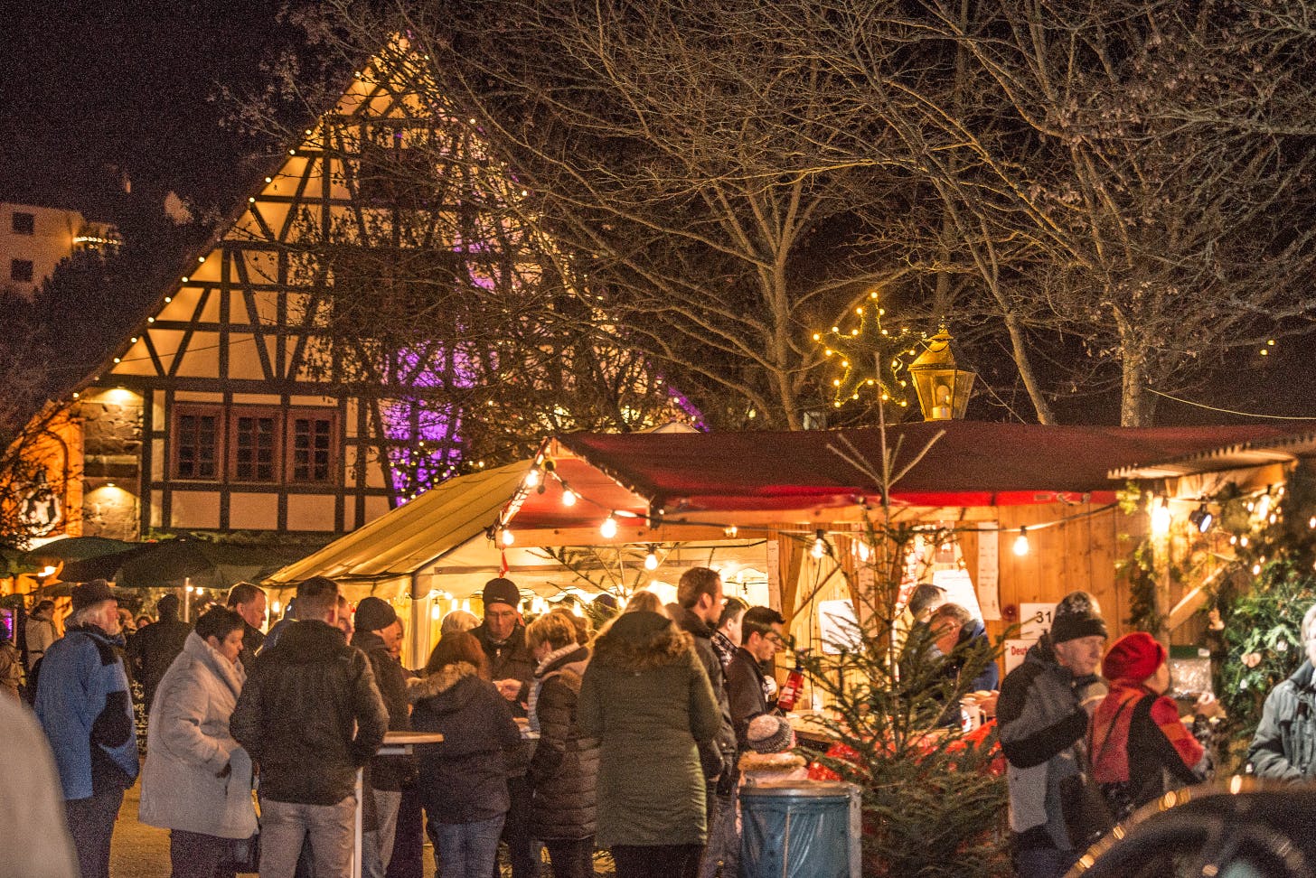 Im festlich beleuchteten Klosterviertel lässt sich auf dem traditionellen Herrenalber Adventsmarkt die Vorweihnachtszeit besonders stimmungsvoll erleben. © Tourismus und Stadtmarketing Bad Herrenalb