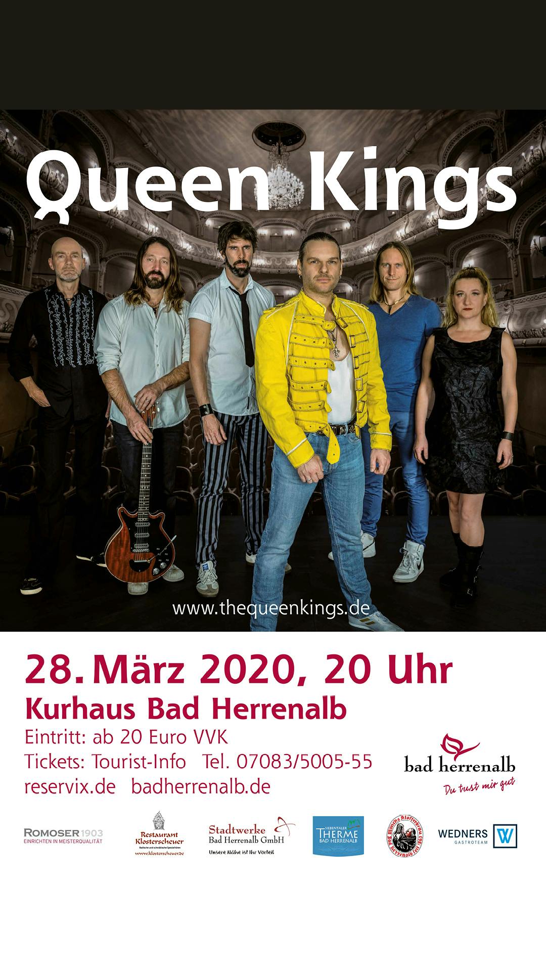Eine mitreißende Live-Show mit allen bekannten Rock-Klassikern der legendären englischen Supergroup Queen präsentieren die Queen Kings am 28. März im Herrenalber Kurhaus. ©The Queen Kings