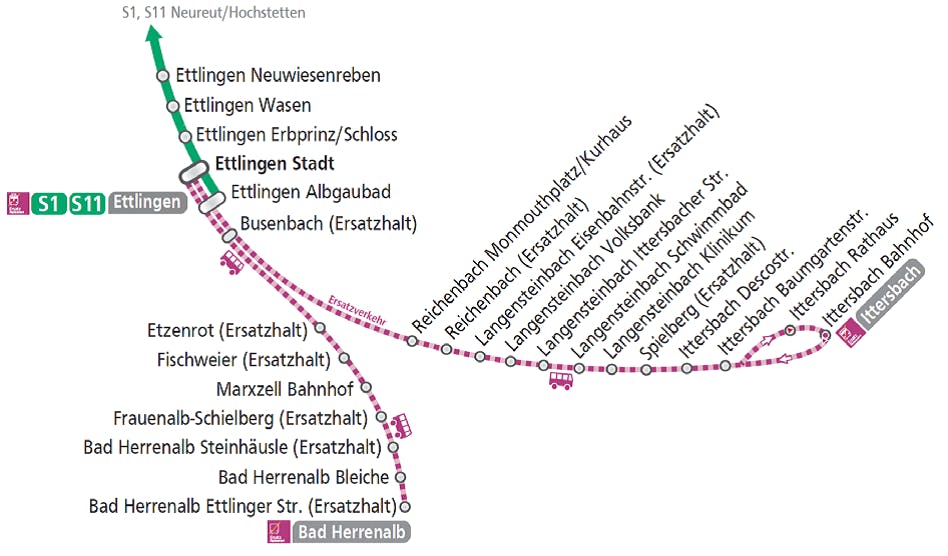 Die Route des Ersatzverkehrs ©KVV