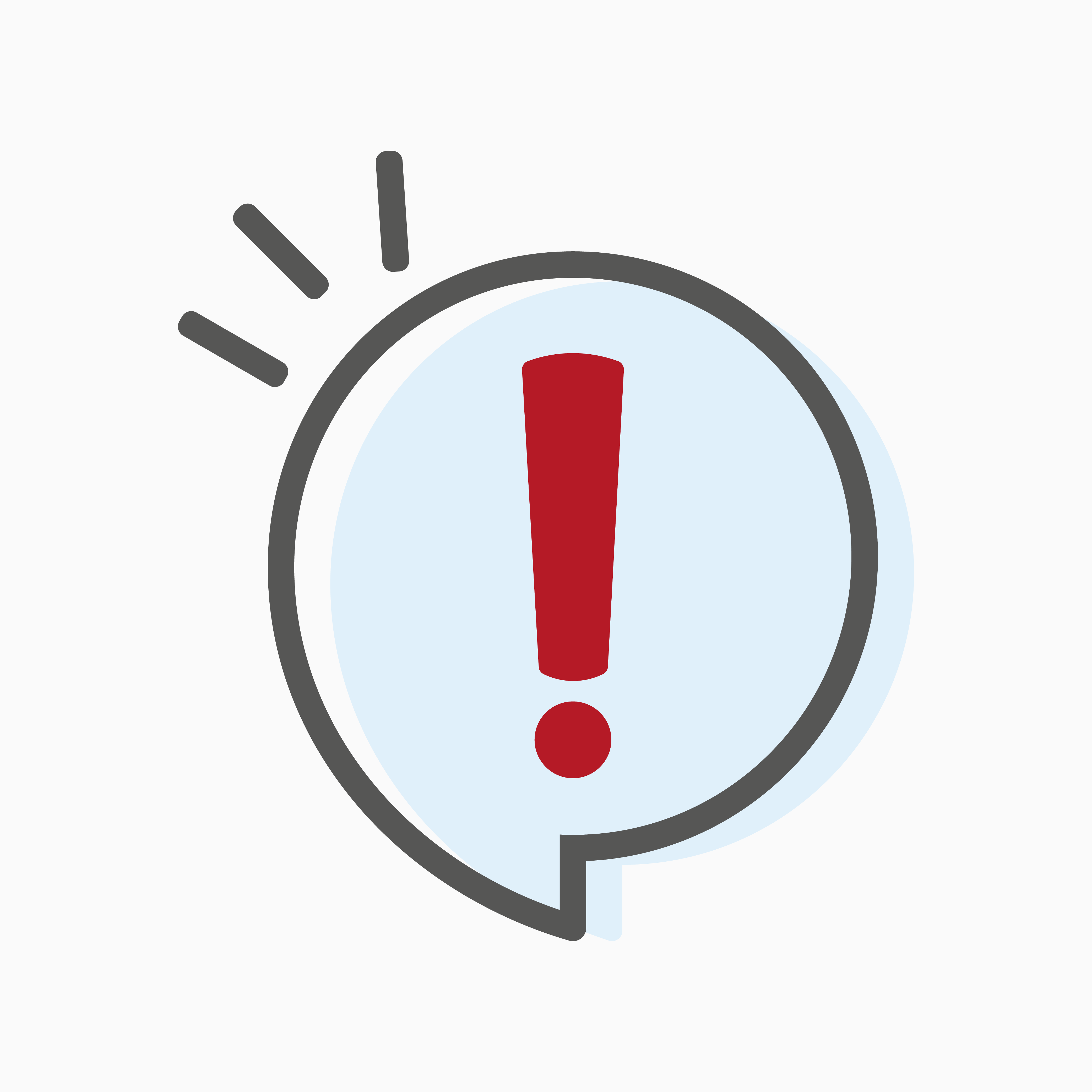 Symbolgrafik mit einem roten Ausrufezeichen in einer Sprechblase – Hinweis auf eine wichtige Information.