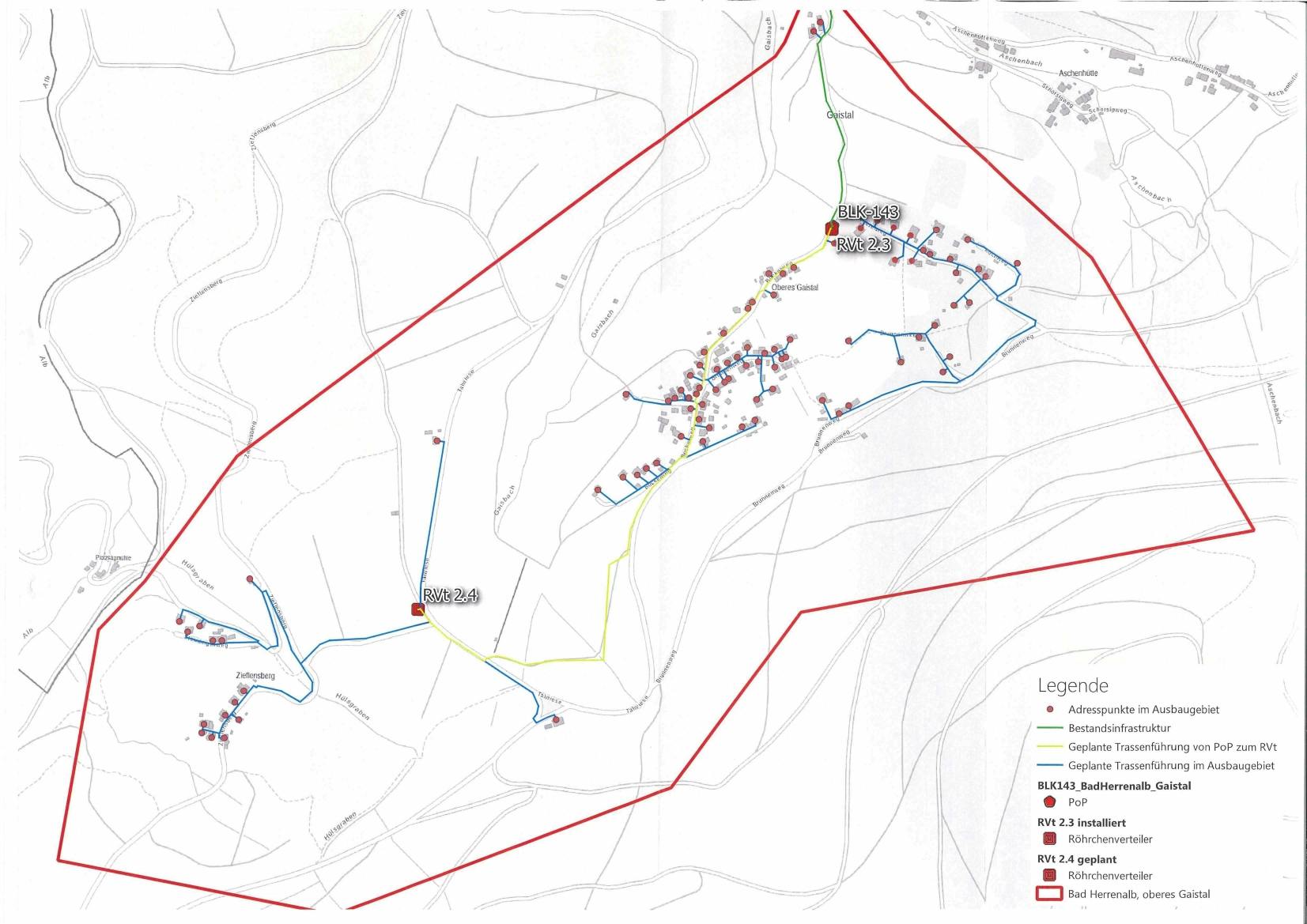 Der Plan zeigt die Baugebiete des Breitbandausbaus im Oberen Gaistal.